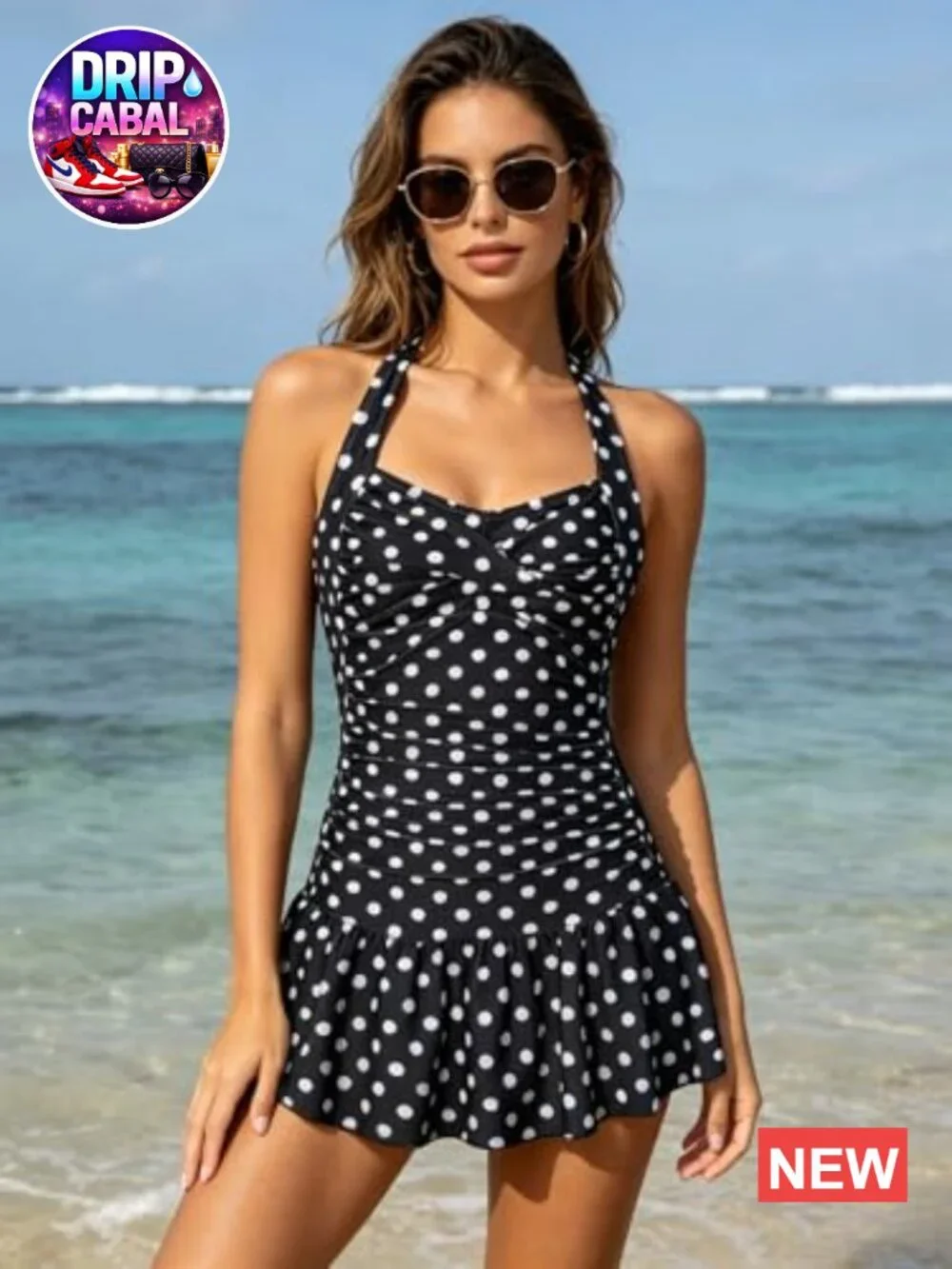 Tankini Swim Dress Set with Tummy Control High Waisted Bottom Polka Dot